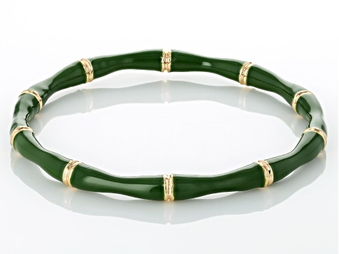 Green Enamel Gold Tone Bamboo Design Bangle Bracelet