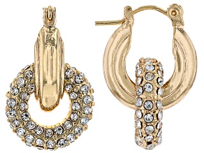 White Crystal Gold Tone Round Link Earrings
