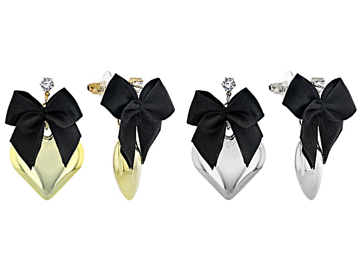 Black Bow With Silver Tone & Gold Tone Heart Dangle Earrings