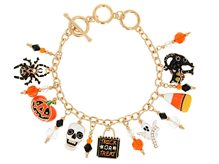 Multi-Color Crystal Acrylic Gold Tone Halloween Charm Bracelet