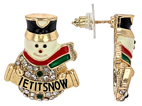 White & Green Crystal With Enamel Gold Tone "Let It Snow" Snowman Earrings