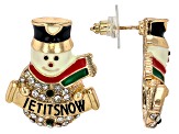 White & Green Crystal With Enamel Gold Tone "Let It Snow" Snowman Earrings
