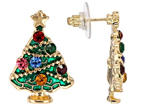 Multi-Color Crystal With Enamel Gold Tone Christmas Tree Earrings