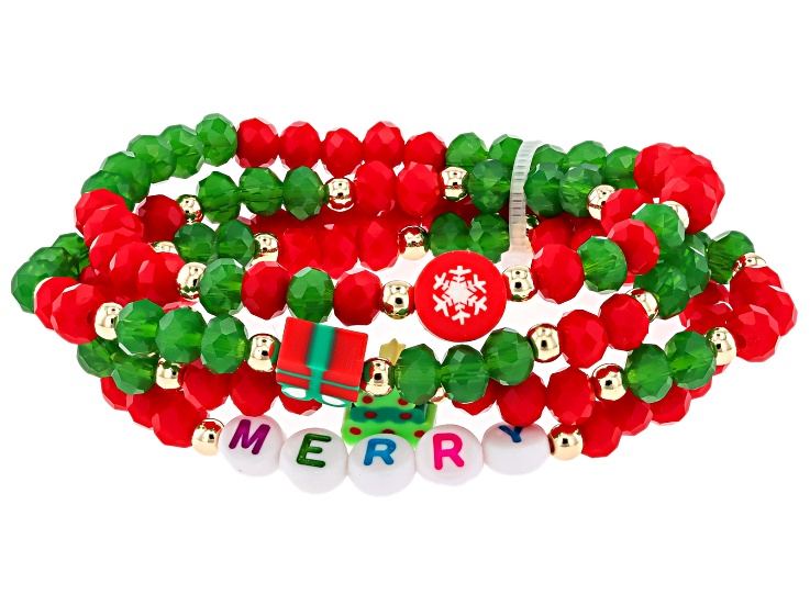 Multi-Color Glass & Resin Beads Gold Tone "Merry" Stretch Bracelets Set of 4