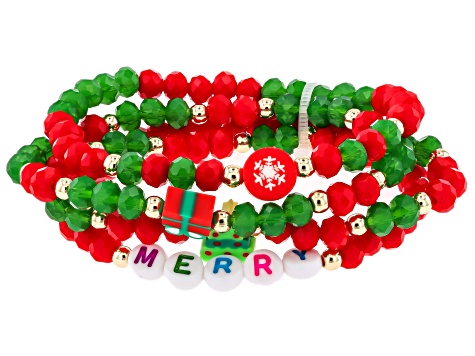 Multi-Color Glass & Resin Beads Gold Tone "Merry" Stretch Bracelets Set of 4