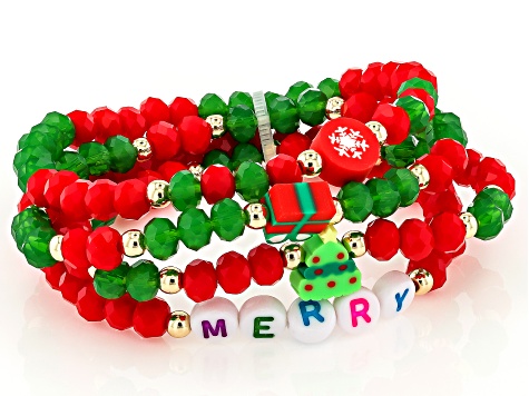 Multi-Color Glass & Resin Beads Gold Tone "Merry" Stretch Bracelets Set of 4