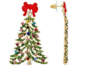 Multi-Color Crystal Gold Tone Christmas Tree Earrings