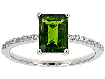 Picture of Emerald Cut Green Chrome Diopside With White Zircon Rhodium Over Sterling Silver Ring 1.19ctw