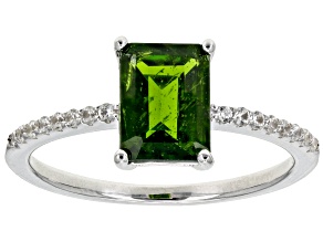 Emerald Cut Green Chrome Diopside With White Zircon Rhodium Over Sterling Silver Ring 1.19ctw
