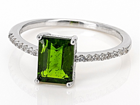 Emerald Cut Green Chrome Diopside With White Zircon Rhodium Over