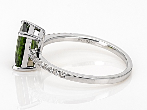 Emerald Cut Green Chrome Diopside With White Zircon Rhodium Over