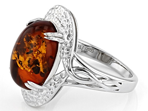 Orange Amber Rhodium Over Sterling Silver Solitaire Ring