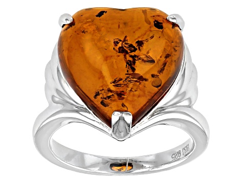 Heart-Shaped Cabochon Amber Rhodium Over Sterling Silver Solitaire Ring