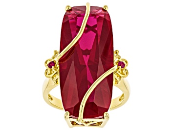 Picture of Red Lab Created Ruby 18k Yellow Gold Over Sterling Silver 3-stone Ring 21.43ctw