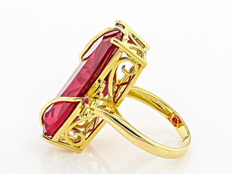 Red Lab Created Ruby 18k Yellow Gold Over Sterling Silver 3-stone Ring 21.43ctw