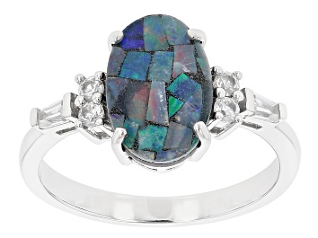 Picture of Multi Color Australiian Opal Triplet Rhodium Over Sterling Silver Ring 0.39ctw