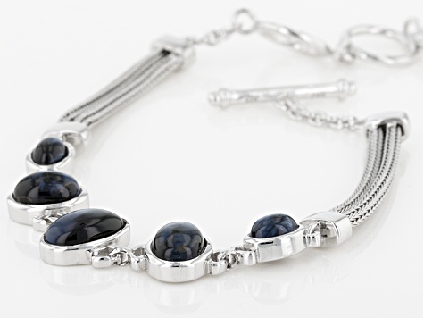 Blue Pietersite Rhodium Over Sterling Silver Bracelet