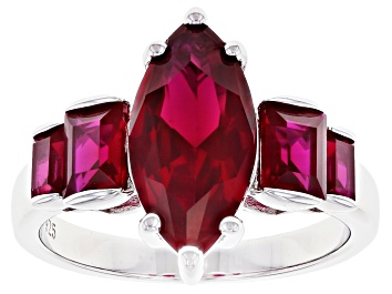 Picture of Marquuise and Baguette Red Lab Created Ruby Rhodium Over Sterling Silver Ring 2.87ctw
