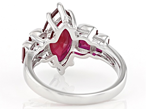 Marquuise and Baguette Red Lab Created Ruby Rhodium Over Sterling Silver Ring 2.87ctw