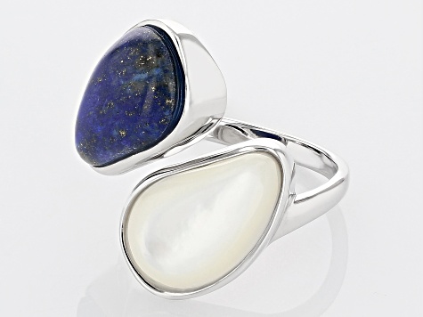 Fancy Shape Lapis Lazuli Rhodium Over Silver Bypass Ring