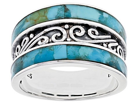 Blue Turquoise Rhodium Over Sterling Silver Band Ring