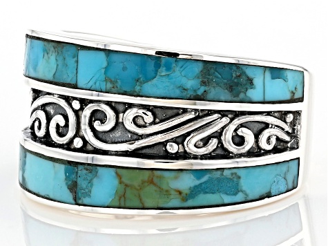 Blue Turquoise Rhodium Over Sterling Silver Band Ring