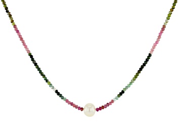 Picture of Round Multi-Tourmaline With Cultured Freshwater Pearl Rhodium Over Silver Necklace