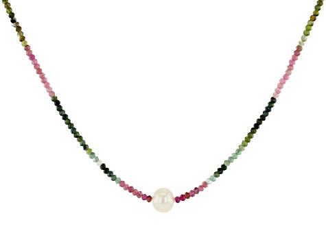 Round Multi-Tourmaline With Cultured Freshwater Pearl Rhodium Over Silver Necklace