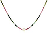 Round Multi-Tourmaline With Cultured Freshwater Pearl Rhodium Over Silver Necklace