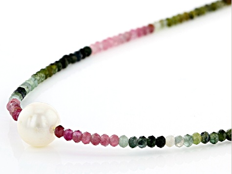 Round Multi-Tourmaline With Cultured Freshwater Pearl Rhodium Over Silver Necklace