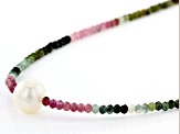 Round Multi-Tourmaline With Cultured Freshwater Pearl Rhodium Over Silver Necklace