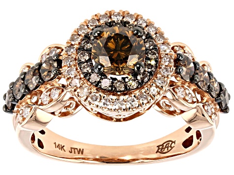 Champagne And White Diamond 14K Rose Gold Halo Ring 1.50ctw