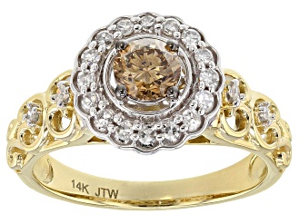 Champagne And White Diamond 14k Yellow And White Gold Ring 0.75ctw