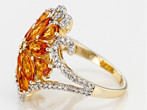 Orange Sapphire, Champagne And White Diamond 14K Yellow Gold Ring 3.35ctw