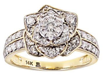 Picture of White Diamond 14K Yellow Gold Flower Cluster Ring 1.00ctw