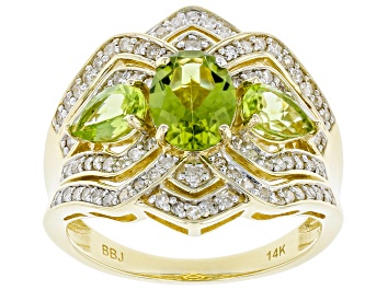 Picture of Green Peridot And White Diamond 14k Yellow Gold 3-Stone Ring 2.28ctw