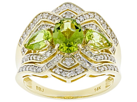 Green Peridot And White Diamond 14k Yellow Gold 3-Stone Ring 2.28ctw