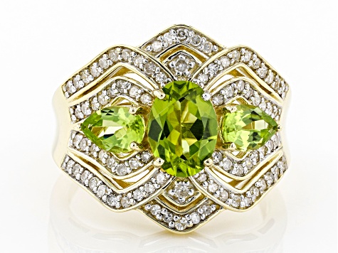 Green Peridot And White Diamond 14k Yellow Gold 3-Stone Ring 2.28ctw