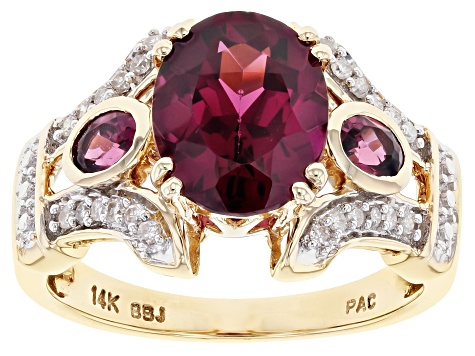 Raspberry Color Rhodolite And White Diamond 14k Yellow Gold Center Design Ring 3.23ctw