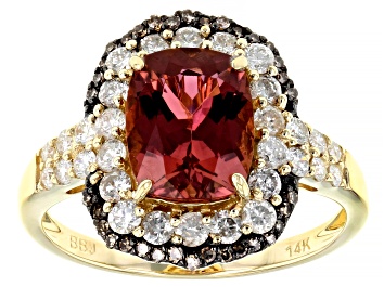 Picture of Pink Tourmaline With White And Champagne Diamond 14k Yellow Gold Halo Ring 2.89ctw