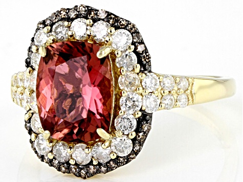 Pink Tourmaline With White And Champagne Diamond 14k Yellow Gold Halo Ring 2.89ctw