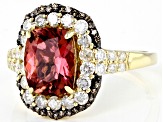 Pink Tourmaline With White And Champagne Diamond 14k Yellow Gold Halo Ring 2.89ctw
