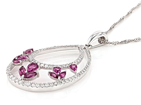 Grape Color Garnet And White Diamond 14k White Gold Pendant With Chain 1.62ctw