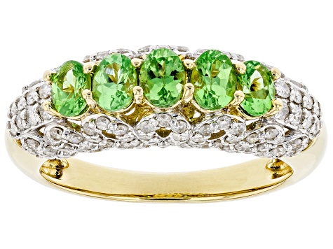 Green Tsavorite Garnet & White Diamond 14k Yellow Gold Band Ring 1.28ctw