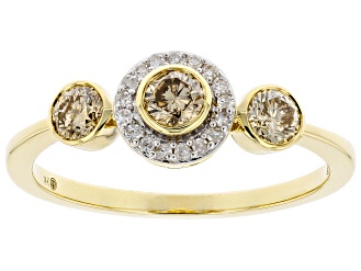 Champagne And White Diamond 14k Yellow Gold Three-Stone Ring 0.53ctw