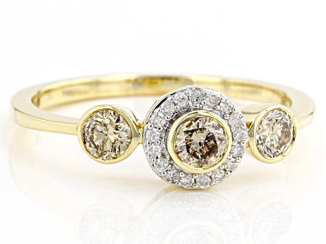 Champagne And White Diamond 14k Yellow Gold Three-Stone Ring 0.53ctw