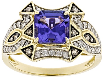 Picture of Blue Tanzanite With White And Champagne Diamond 14k Yellow Gold Center Design Ring 1.84ctw