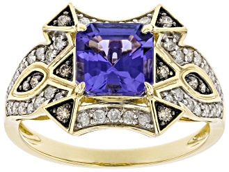 Tanzanite With White And Champagne Diamond 14k Yellow Gold Center Design Ring 1.84ctw