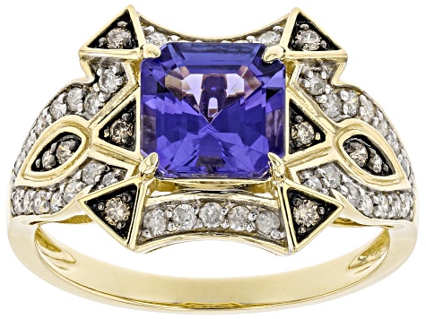 Tanzanite With White And Champagne Diamond 14k Yellow Gold Center Design Ring 1.84ctw