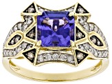 Tanzanite With White And Champagne Diamond 14k Yellow Gold Center Design Ring 1.84ctw